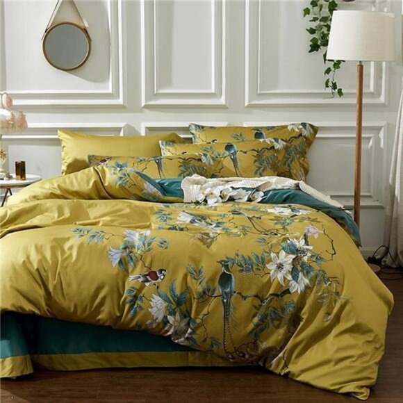 EXQUISITE 100% COTTON Queen Size Duvet Cover Chinoiserie Bird & Flower Print - Picture 4 of 7